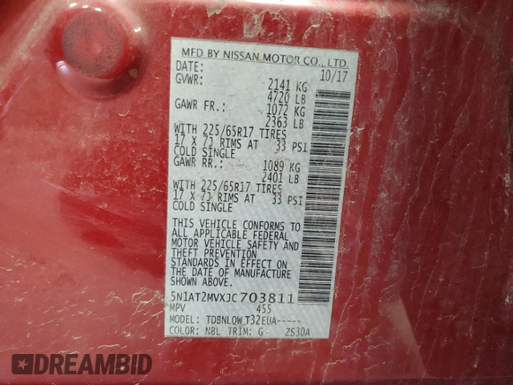 2018 Nissan Rogue SV with VIN 5N1AT2MVXJC703811, listed as a Copart auction lot 54958985 with 170,437 mi miles and Non Repairable. Bid and sale history available at DreamBid. Image 13.
