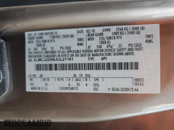 2018 Lincoln MKC Select with VIN 5LMCJ2D99JUL21181, listed as a Copart auction lot 82827134 with 63,667 mi miles and Salvage title. Bid and sale history available at DreamBid. Image 14.