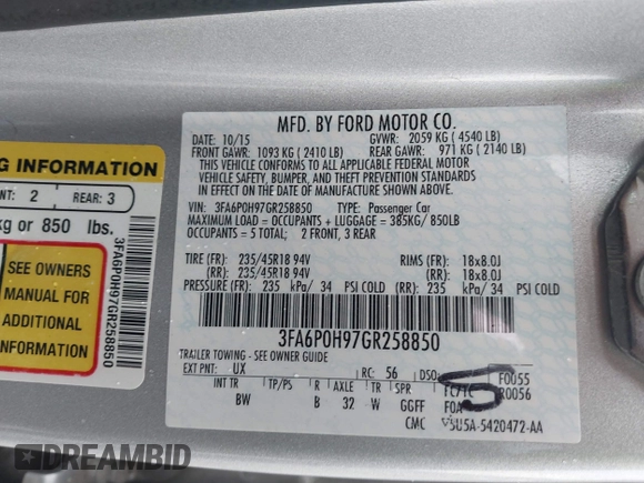 2016 Ford Fusion SE with VIN 3FA6P0H97GR258850, listed as a IAAI auction lot 41838546 with 124,244 mi miles and . Bid and sale history available at carsss.com. Image 9.