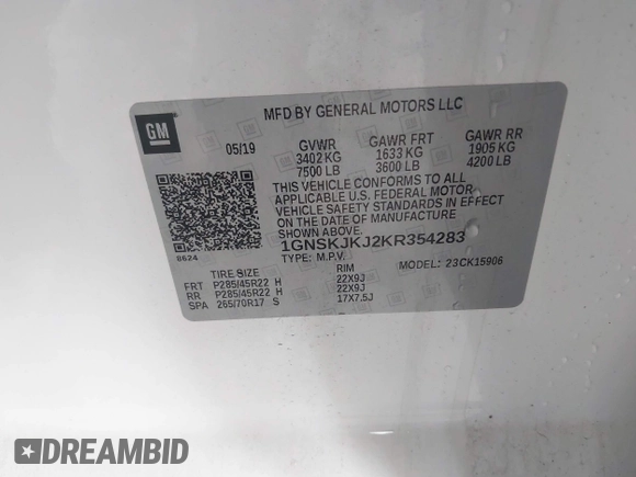 2019 Chevrolet Suburban Premier with VIN 1GNSKJKJ2KR354283, listed as a IAAI auction lot 39548082 with Not Provided miles and . Bid and sale history available at DreamBid. Image 9.