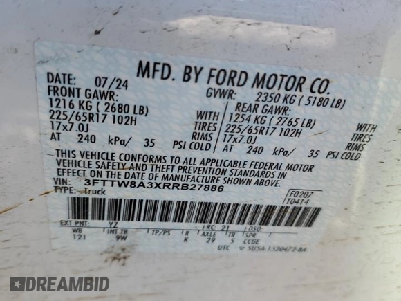 2024 Ford Maverick XL with VIN 3FTTW8A3XRRB27886, listed as a Copart auction lot 47981185 with 18,287 mi miles and Salvage Title. Bid and sale history available at carsss.com. Image 12.