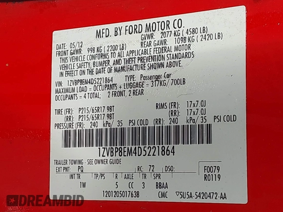 2013 Ford Mustang V6 z VIN 1ZVBP8EM4D5221864, wystawiony jako IAAI lot #42525497 z przebiegiem 130 482 mil mil oraz . Historia ofert i sprzedaży dostępna na DreamBid. Obrazek 9.