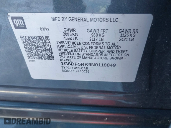 2022 Cadillac CT4 Premium Luxury z VIN 1G6DF5RK9N0118849, wystawiony jako IAAI lot #41587644 z przebiegiem 84 367 mil mil oraz . Historia ofert i sprzedaży dostępna na DreamBid. Obrazek 9.