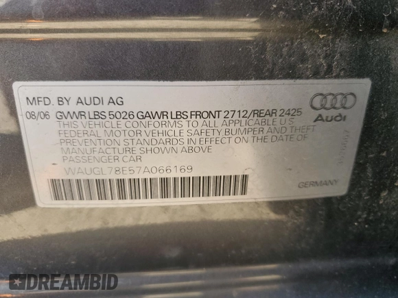 2007 Audi S4 z VIN WAUGL78E57A066169, wystawiony jako Copart lot #85087294 z przebiegiem 150 190 mil mil oraz Szkody całkowita. Historia ofert i sprzedaży dostępna na DreamBid. Obrazek 12.