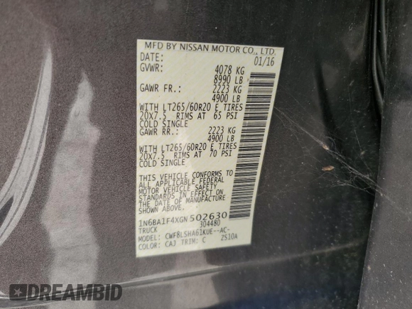2016 Nissan Titan XD PRO-4X with VIN 1N6BA1F4XGN502630, listed as a Copart auction lot 75690604 with 183,158 mi miles and Clean Title. Bid and sale history available at carsss.com. Image 12.
