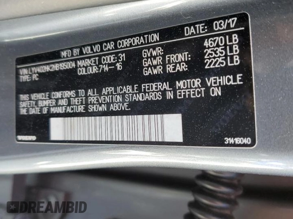 2017 Volvo S60 Inscription with VIN LYV402HK2HB195004, listed as a Copart auction lot 41542193 with 32,633 mi miles. Bid and sale history available at carsss.com. Image 13.