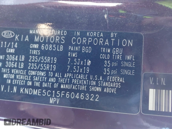2015 Kia Sedona SX-L with VIN KNDME5C15F6046322, listed as a IAAI auction lot 41301459 with 76,026 mi miles and . Bid and sale history available at DreamBid. Image 9.