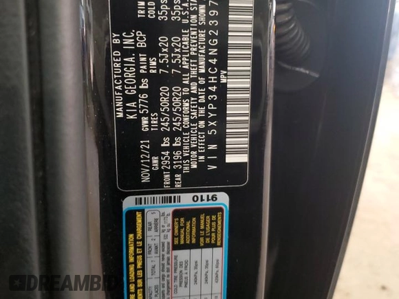 2022 Kia Telluride EX with VIN 5XYP34HC4NG239743, listed as a Copart auction lot 56178205 with Not provided miles and Salvage title. Bid and sale history available at DreamBid. Image 13.