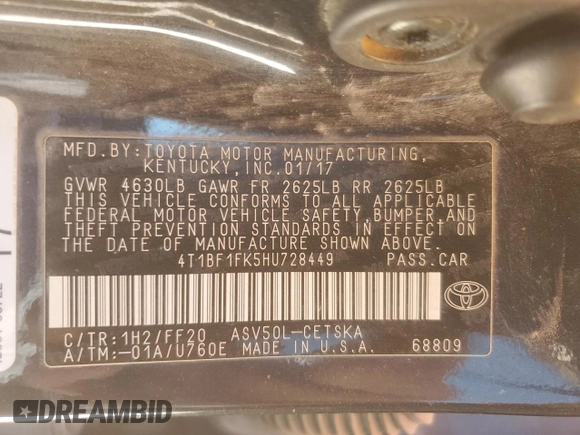2017 Toyota Camry XLE with VIN 4T1BF1FK5HU728449, listed as a Copart auction lot 48432475 with Not Provided miles and Salvage Title. Bid and sale history available at carsss.com. Image 15.