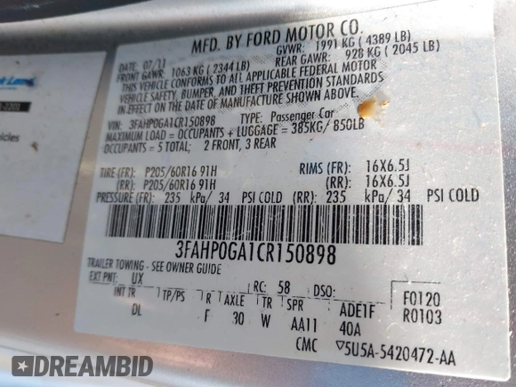 2012 Ford Fusion S with VIN 3FAHP0GA1CR150898, listed as a IAAI auction lot 41753960 with 52,427 mi miles. Bid and sale history available at carsss.com. Image 9.