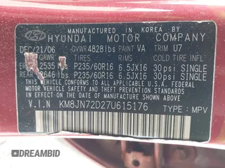 2007 Hyundai Tucson SE with VIN KM8JN72D27U615176, listed as a IAAI auction lot 41996325 with 130,396 mi miles and . Bid and sale history available at DreamBid. Image 9.