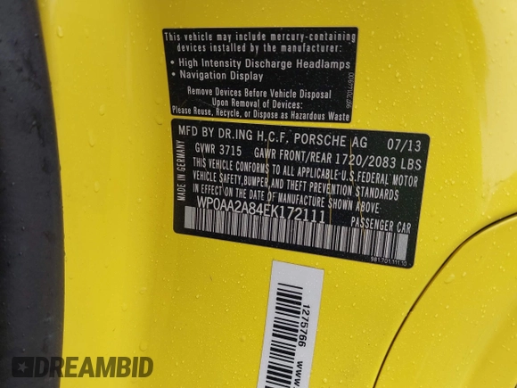 2014 Porsche Cayman with VIN WP0AA2A84EK172111, listed as a IAAI auction lot 41581508 with 91,509 mi miles and . Bid and sale history available at DreamBid. Image 9.
