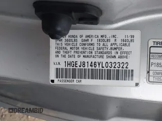 2000 Honda Civic EX z VIN 1HGEJ8146YL032322, wystawiony jako IAAI lot #42348898 z przebiegiem 242 702 mil mil oraz . Historia ofert i sprzedaży dostępna na DreamBid. Obrazek 9.