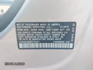 2015 Volkswagen Passat S with VIN 1VWAS7A33FC112747, listed as a IAAI auction lot 41808988 with 170,381 mi miles and . Bid and sale history available at DreamBid. Image 9.