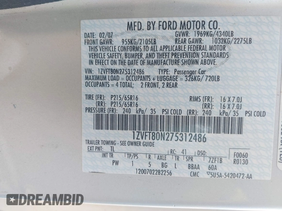 2007 Ford Mustang Deluxe with VIN 1ZVFT80N275312486, listed as a IAAI auction lot 42441764 with 172,095 mi miles and . Bid and sale history available at DreamBid. Image 9.