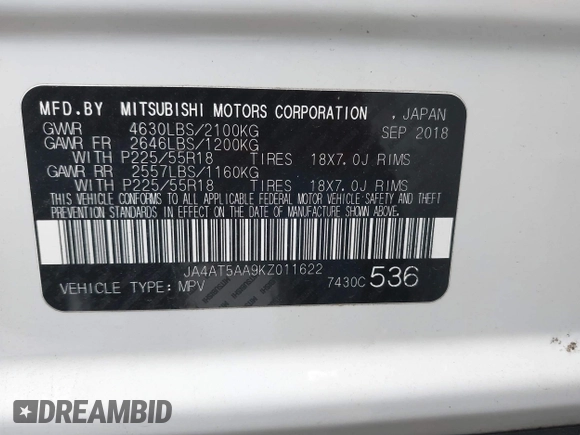 2019 Mitsubishi Eclipse Cross SE with VIN JA4AT5AA9KZ011622, listed as a IAAI auction lot 40920892 with 33,669 mi miles and . Bid and sale history available at DreamBid. Image 9.
