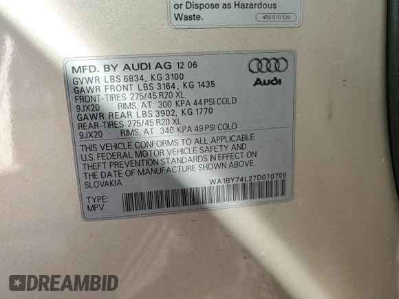 2007 Audi Q7 Premium with VIN WA1BY74L27D070708, listed as a Copart auction lot 44191455 with 151,303 mi miles and Salvage Title. Bid and sale history available at carsss.com. Image 13.