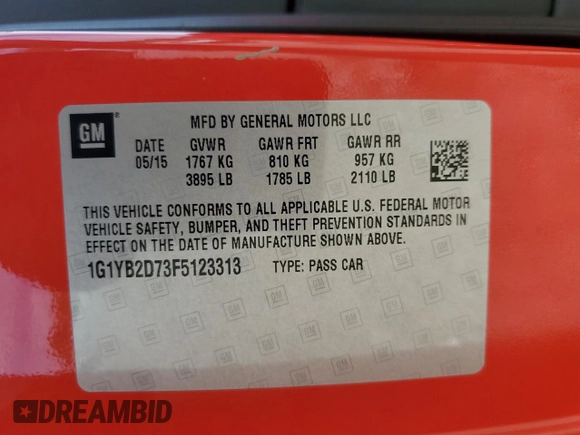 2015 Chevrolet Corvette 1LT with VIN 1G1YB2D73F5123313, listed as a Copart auction lot 55674454 with 72,831 mi miles and Salvage Title. Bid and sale history available at carsss.com. Image 14.