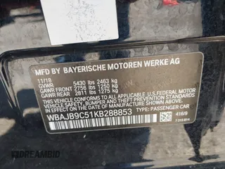 2019 BMW 5 Series M550i xDrive with VIN WBAJB9C51KB288853, listed as a IAAI auction lot 41905019 with Not provided miles and . Bid and sale history available at DreamBid. Image 9.