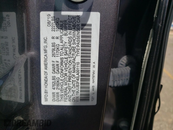2020 Acura TLX Technology with VIN 19UUB3F40LA001110, listed as a Copart auction lot 57134585 with 131,507 mi miles and Salvage title. Bid and sale history available at DreamBid. Image 12.