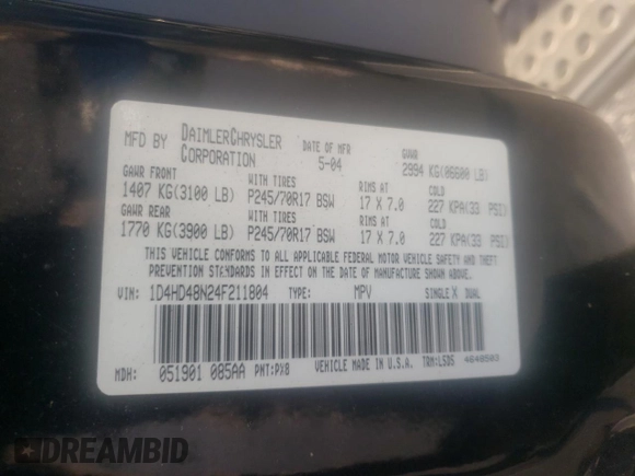 2004 Dodge Durango SLT with VIN 1D4HD48N24F211804, listed as a Copart auction lot 73469494 with 272,597 mi miles and Salvage title. Bid and sale history available at DreamBid. Image 15.