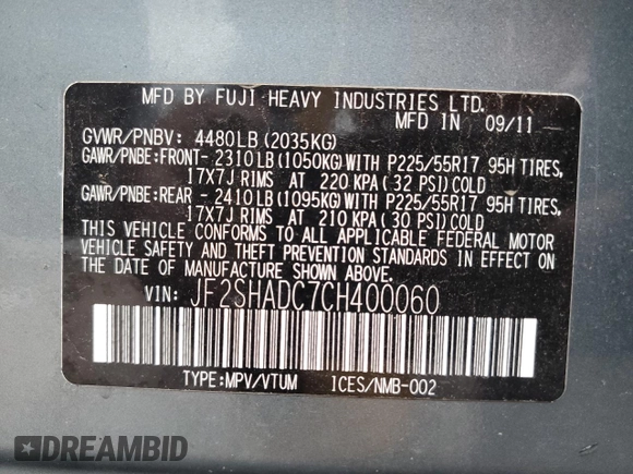 2012 Subaru Forester X Premium with VIN JF2SHADC7CH400060, listed as a Copart auction lot 59398835 with 131,826 mi miles and Salvage title. Bid and sale history available at DreamBid. Image 14.