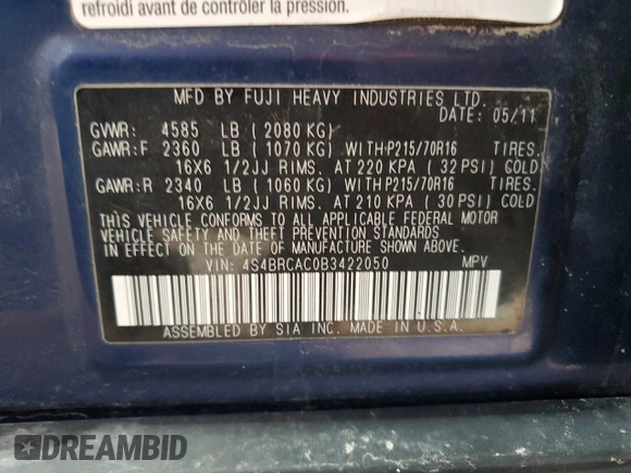 2011 Subaru Outback 2.5i с VIN 4S4BRCAC0B3422050, выставлен на аукционе Copart как лот 57159505 с пробегом 178 461 миль миль и Списание • Salvage title. История ставок и продаж доступна на DreamBid. Изображение 13.