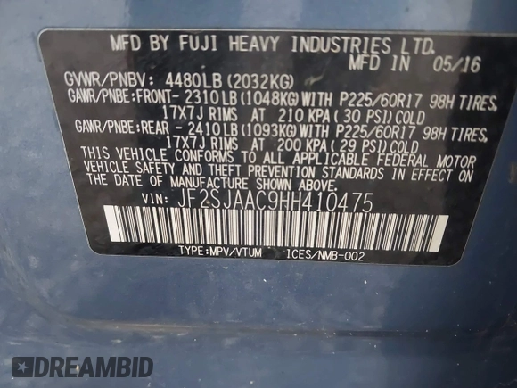 2017 Subaru Forester with VIN JF2SJAAC9HH410475, listed as a IAAI auction lot 41823315 with 46,867 mi miles and . Bid and sale history available at DreamBid. Image 9.