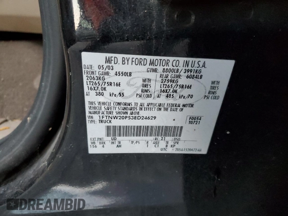 2003 Ford Super Duty F-250 XL with VIN 1FTNW20P53ED24629, listed as a Copart auction lot 77359574 with 311,737 mi miles and Salvage Title. Bid and sale history available at carsss.com. Image 12.