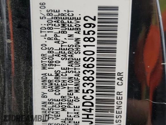 2006 Acura RSX z VIN JH4DC53836S018592, wystawiony jako Copart lot #59704455 z przebiegiem 169 353 mil mil oraz Szkoda całkowita • Salvage title. Historia ofert i sprzedaży dostępna na DreamBid. Obrazek 12.