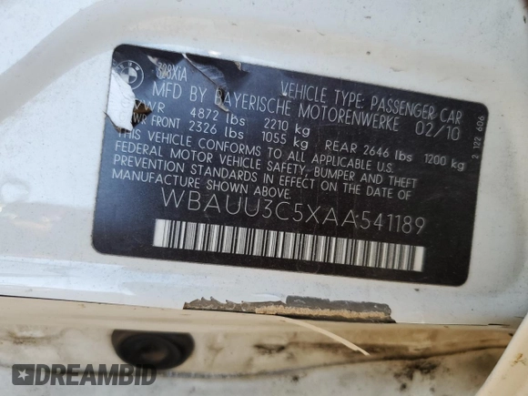2010 BMW 3 Series 328i xDrive with VIN WBAUU3C5XAA541189, listed as a Copart auction lot 47542595 with 225,967 mi miles and Salvage Title. Bid and sale history available at DreamBid. Image 12.