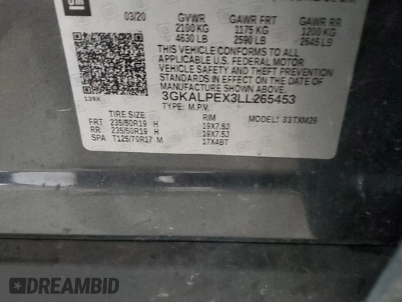 2020 GMC Terrain SLT with VIN 3GKALPEX3LL265453, listed as a Copart auction lot 55657345 with 160,223 mi miles and Salvage title. Bid and sale history available at DreamBid. Image 12.