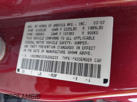 2007 Honda Accord LX SE z VIN 1HGCM56337A204233, wystawiony jako IAAI lot #42306130 z przebiegiem 240 178 mil mil oraz . Historia ofert i sprzedaży dostępna na DreamBid. Obrazek 9.