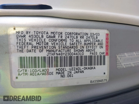 2003 Lexus SC 430 with VIN JTHFN48Y230044310, listed as a IAAI auction lot 41403951 with 130,183 mi miles and . Bid and sale history available at DreamBid. Image 9.