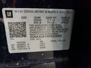 2021 Chevrolet Equinox LT z VIN 3GNAXUEV4MS116352, wystawiony jako Copart lot #55917585 z przebiegiem 44 223 mil mil oraz Szkoda całkowita • Salvage title. Historia ofert i sprzedaży dostępna na DreamBid. Obrazek 14.
