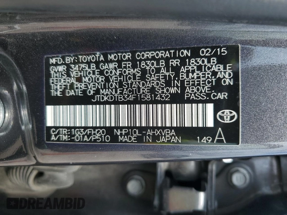 2015 Toyota Prius One with VIN JTDKDTB34F1581432, listed as a Copart auction lot 54947155 with 109,456 mi miles and Salvage Title. Bid and sale history available at carsss.com. Image 13.