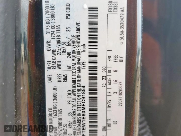 2021 Ford F-150 XL с VIN 1FTEW1E80MFC91854, выставлен на аукционе Copart как лот 58150765 с пробегом 47 950 миль миль и Списание • Salvage title. История ставок и продаж доступна на DreamBid. Изображение 12.