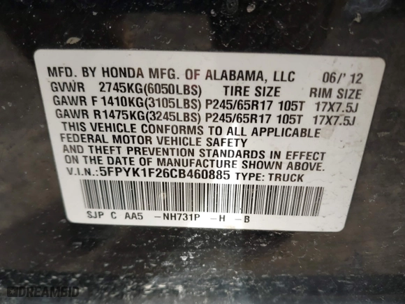 2012 Honda Ridgeline RT with VIN 5FPYK1F26CB460885, listed as a IAAI auction lot 41512443 with 179,624 mi miles. Bid and sale history available at carsss.com. Image 9.