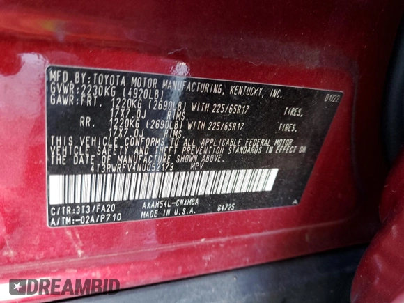 2022 Toyota RAV4 Hybrid XLE with VIN 4T3RWRFV4NU052179, listed as a Copart auction lot 57075225 with 52,409 mi miles and Non repairable. Bid and sale history available at DreamBid. Image 13.