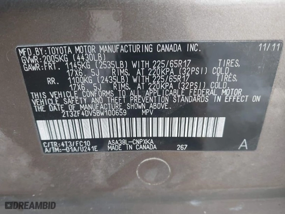 2011 Toyota RAV4 with VIN 2T3ZF4DV5BW100659, listed as a IAAI auction lot 41270194 with 145,602 mi miles. Bid and sale history available at carsss.com. Image 9.