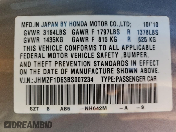 2011 Honda CR-Z EX with VIN JHMZF1D63BS007234, listed as a Copart auction lot 48788365 with 148,601 mi miles and Salvage Title. Bid and sale history available at carsss.com. Image 14.