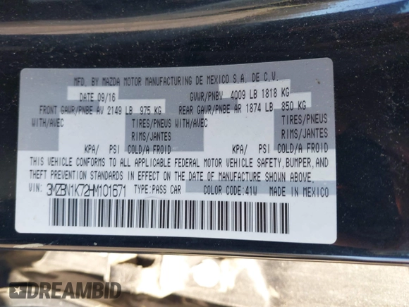 2017 Mazda 3 Sport with VIN 3MZBN1K72HM101671, listed as a IAAI auction lot 41325369 with 97,520 mi miles. Bid and sale history available at carsss.com. Image 9.