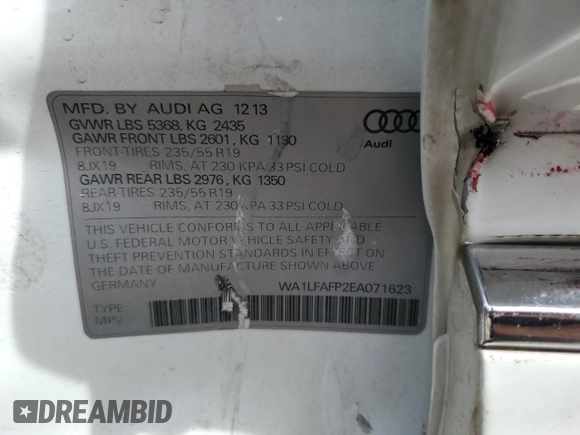 2014 Audi Q5 Premium Plus with VIN WA1LFAFP2EA071623, listed as a Copart auction lot 49332095 with 103,772 mi miles and Salvage Title. Bid and sale history available at carsss.com. Image 13.
