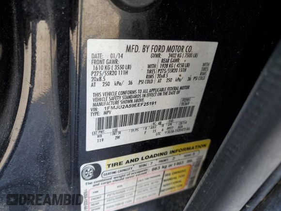 2014 Ford Expedition Limited with VIN 1FMJU2A59EEF25191, listed as a Copart auction lot 58979665 with 181,972 mi miles and Salvage title. Bid and sale history available at DreamBid. Image 13.