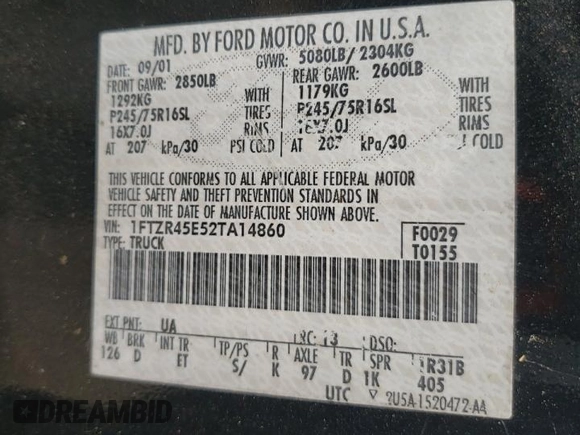 2002 Ford Ranger XL Fleet with VIN 1FTZR45E52TA14860, listed as a Copart auction lot 57704695 with 107,240 mi miles and Non repairable. Bid and sale history available at DreamBid. Image 12.