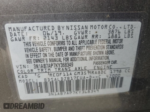 2019 Nissan Sentra SV with VIN 3N1AB7AP7KY368349, listed as a Copart auction lot 47689985 with 122,001 mi miles and Salvage Title. Bid and sale history available at DreamBid. Image 13.
