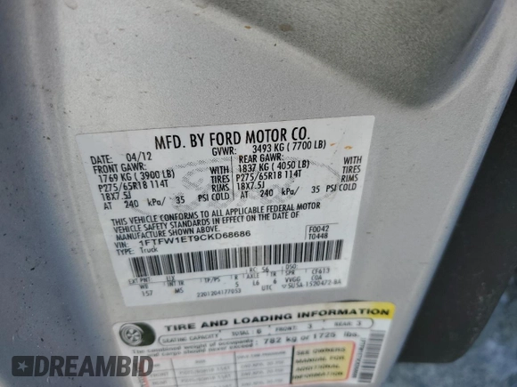 2012 Ford F-150 XL with VIN 1FTFW1ET9CKD68686, listed as a Copart auction lot 51215405 with Not provided miles and Salvage title. Bid and sale history available at DreamBid. Image 13.