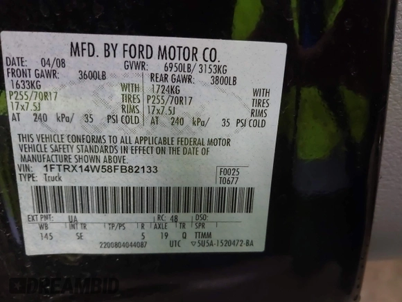 2008 Ford F-150 STX с VIN 1FTRX14W58FB82133, выставлен на аукционе IAAI как лот 41728476 с пробегом 240 697 миль миль и . История ставок и продаж доступна на DreamBid. Изображение 9.
