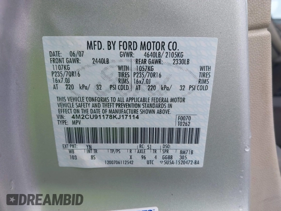 2008 Mercury Mariner with VIN 4M2CU91178KJ17114, listed as a IAAI auction lot 41677420 with 230,371 mi miles and . Bid and sale history available at DreamBid. Image 9.