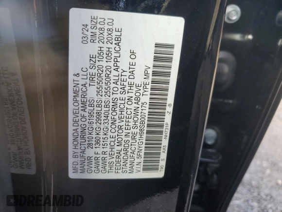 2025 Honda Pilot Black Edition with VIN 5FNYG1H98SB007175, listed as a Copart auction lot 62543534 with 1,974 mi miles and Salvage Title. Bid and sale history available at carsss.com. Image 13.